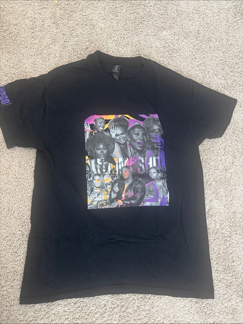 Gildan Black Short Sleeve Tee with Purple & Yellow Graphic